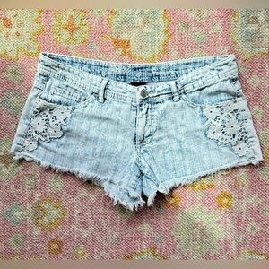Mossimo Blue and White Distressed Jean Shorts with Frayed Hem